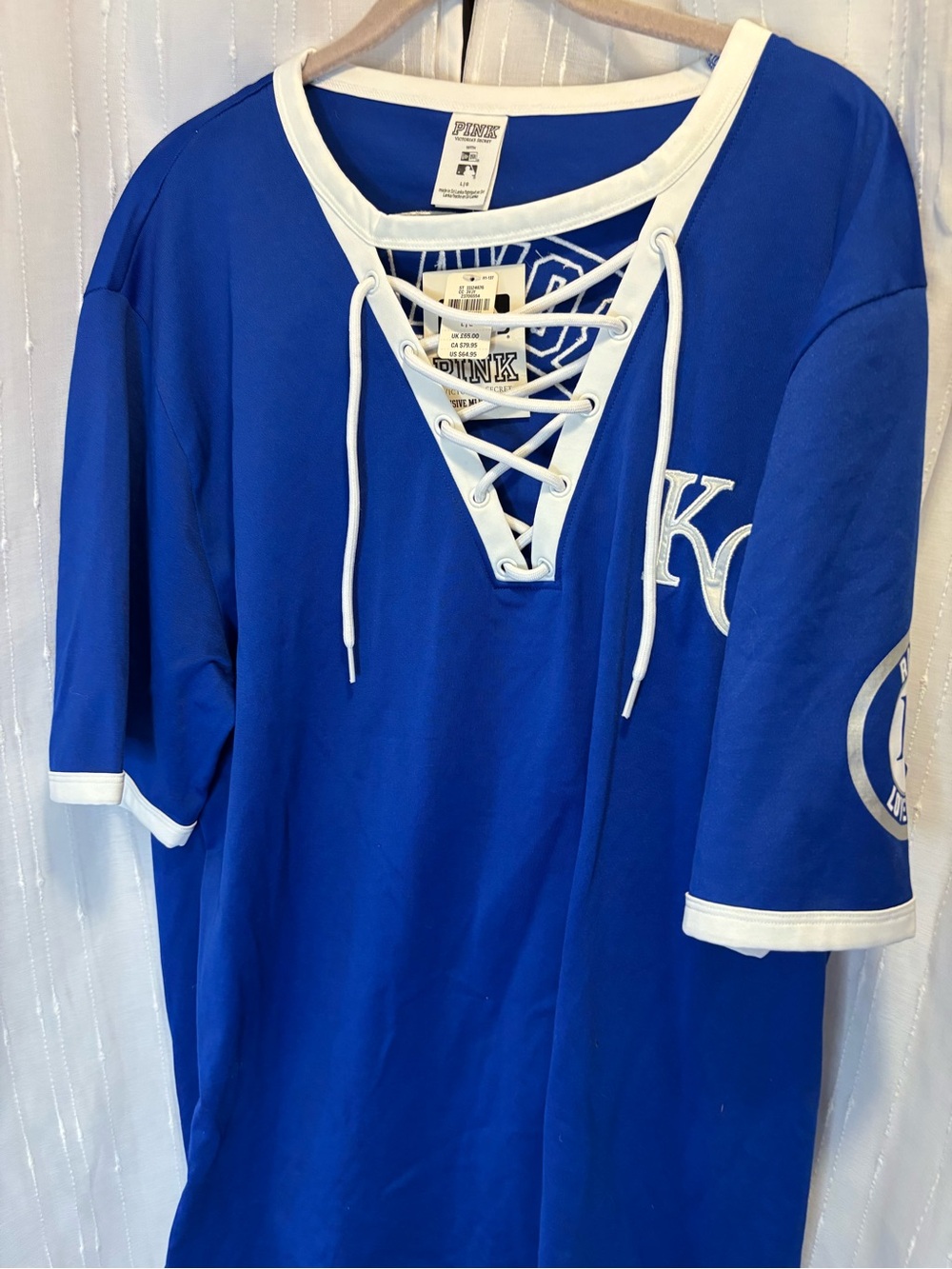 PINK Victoria's Secret Royal Blue Lace-Up Jersey Top with White Trim NWT **rare*